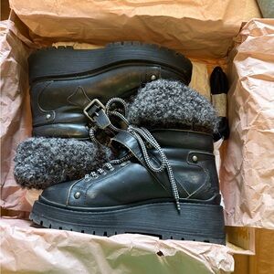 Miu Miu Black Ankle Boots with Gray Fur